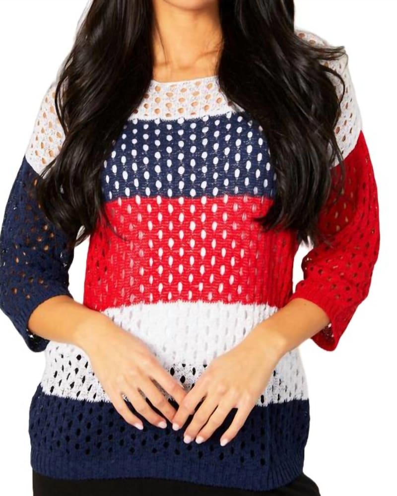 Front of a model wearing a size XL Crochet Striped Crew in Multi in Multi by french kyss. | dia_product_style_image_id:327188